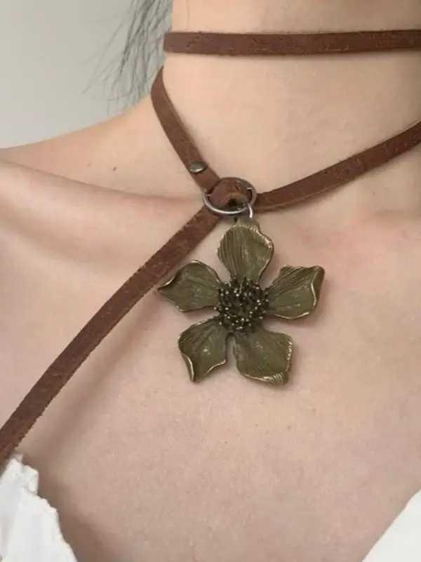 

Women's Vintage Brown Leather Necklace with Antique Metal Flower MultiWear Design Choker Bracelet Belt