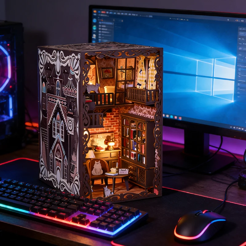 

Nine Secret Castle Wooden Dollhouse Book Nook 3D Puzzle with LED Light 2 Floors Miniature Furniture Kit for Desk Decor Gift