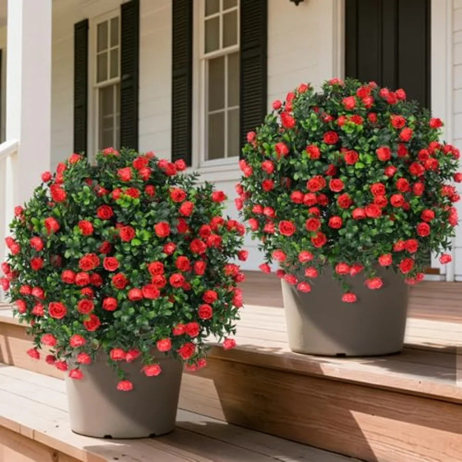 

Artificial Boxwood Topiary Tree with Rose, Set of 2 Artificial Shrub Bushes with Ground Spike, Fake Evergreen Tree for Porch, A