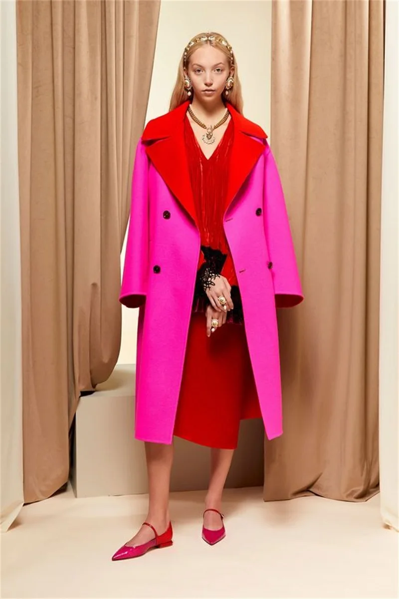 Costume en cachemire pour femmes, manteau d'hiver en laine, veste longue rouge et Rose rouge sur mesure, Trench-Coat épais 1 pièce