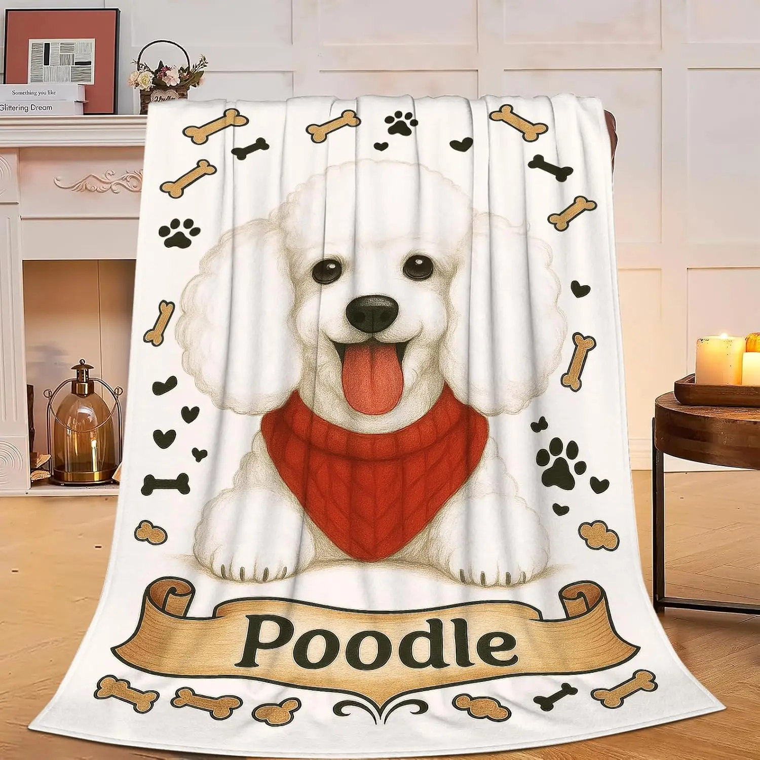 Large Cute Poodle Dog Print Throw Blanket for Spring Autumn Home Decor Gift Fleece Cozy Bed Cover Accent Cushion