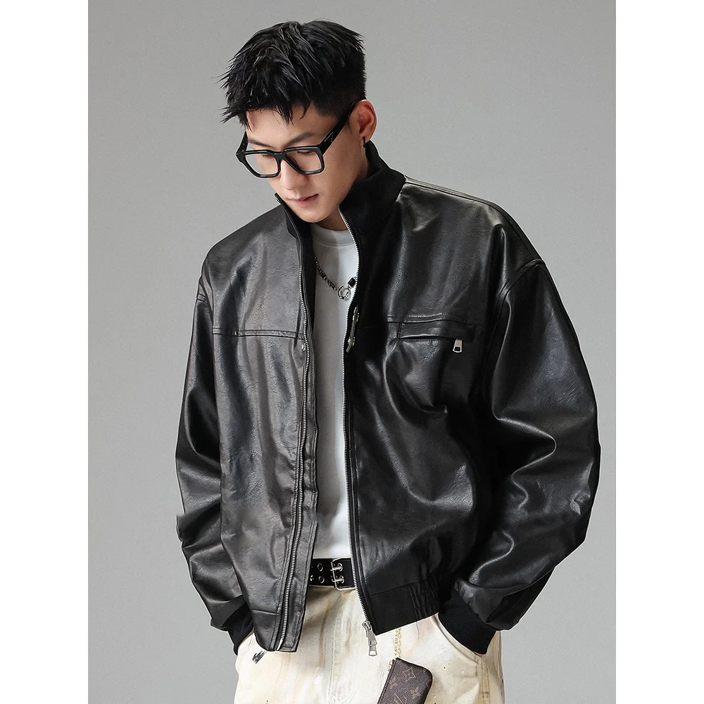 

anyu American Retro PU Leather Jaet Men's Stand Collar Coat Sli Bad Boy Faion Windproof Long Sve Zipper Closure