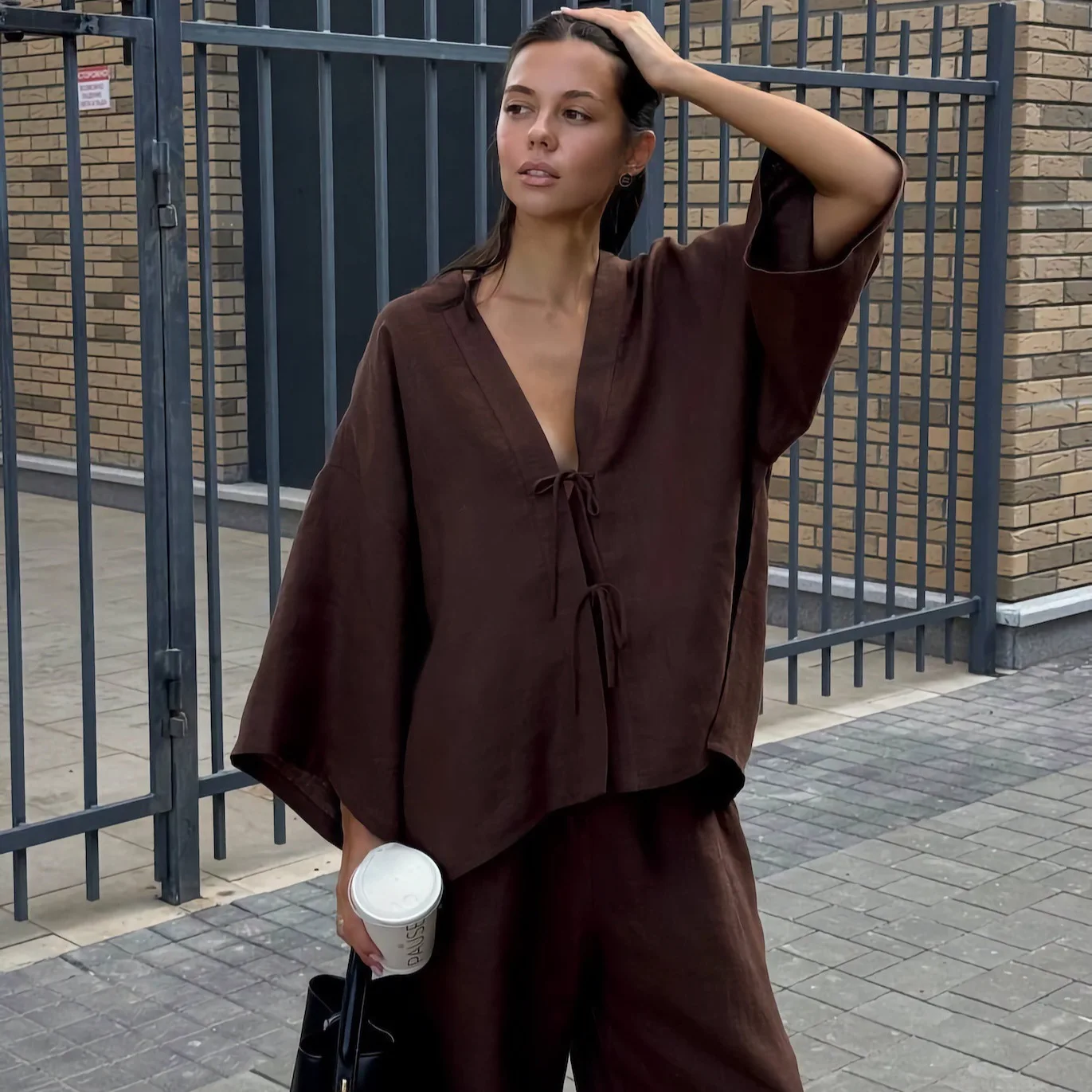 

Casual Spring Brown Cotton Linen Suit For Women Chic Full Sleeves V-neck Lace-up Cardigan Loose Pants Set Lady Casual Streetwear