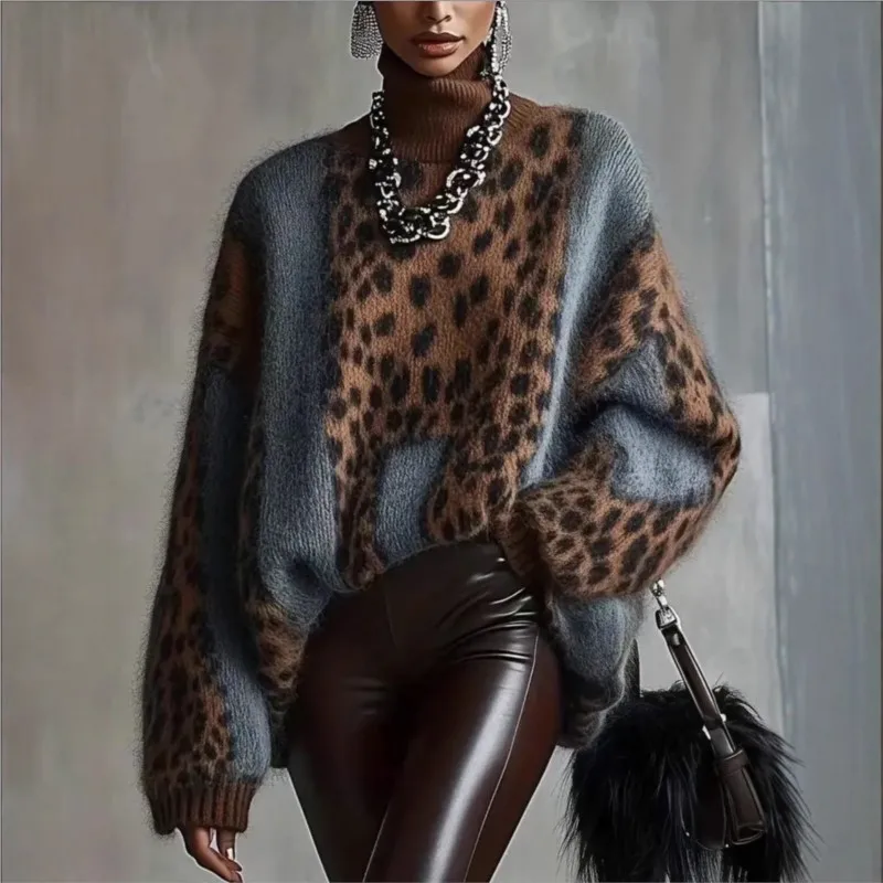 Women's Leopard Print Knit Turtleneck Sweater