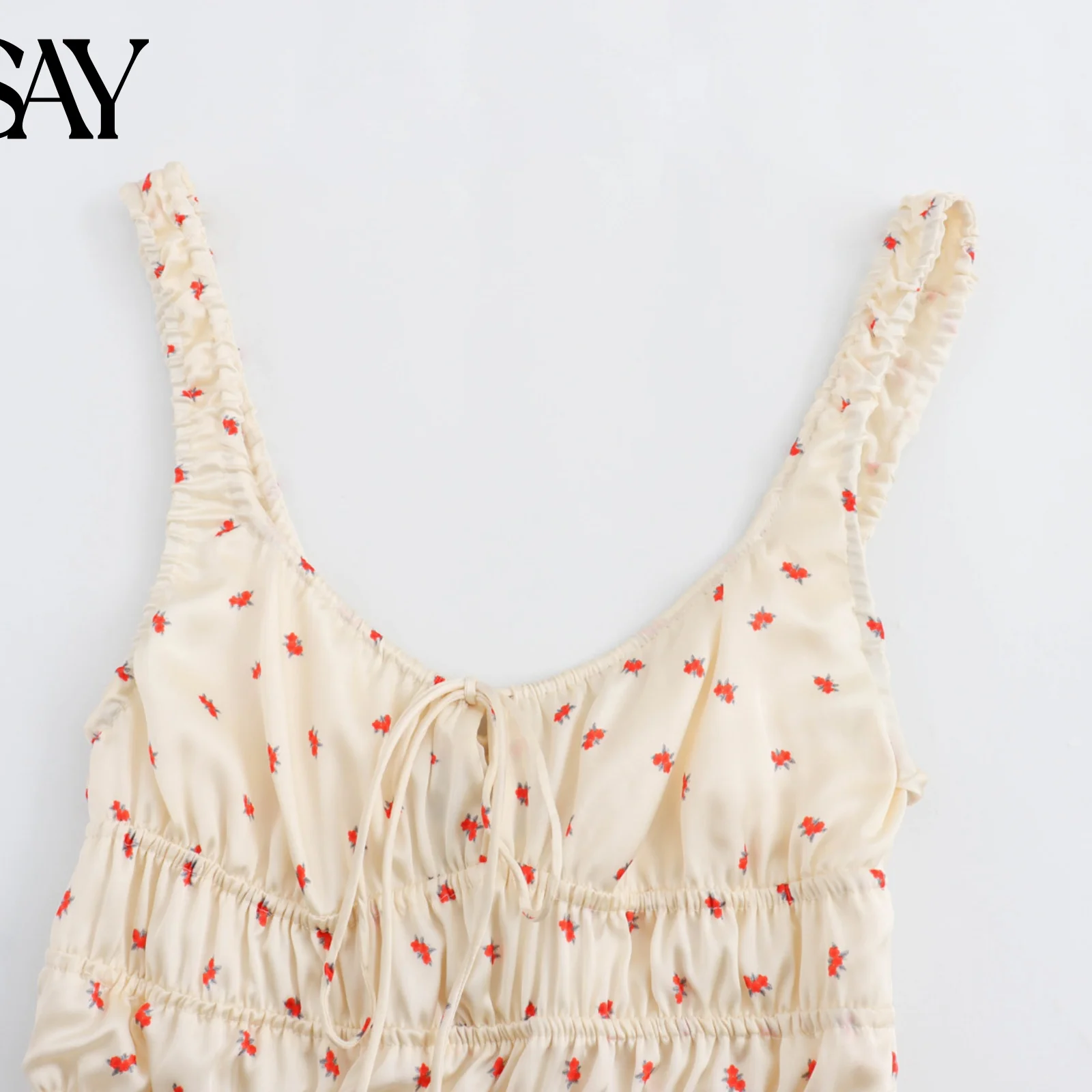 BSAY 女性ファッション夏セクシーなフラワープリントノースリーブバックレススリング V ネックサテンドレスシックな女性フレンチエレガンスイブニング