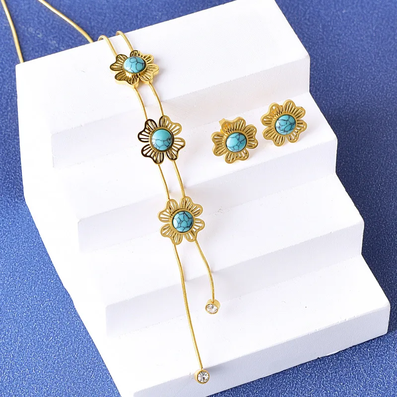 EILIECK 316L Edelstahl Künstliche Türkisblumen Halskette Armband Ohrringe Set Modischer Goldfarbener Wasserdichter Schmuck – Detail 14