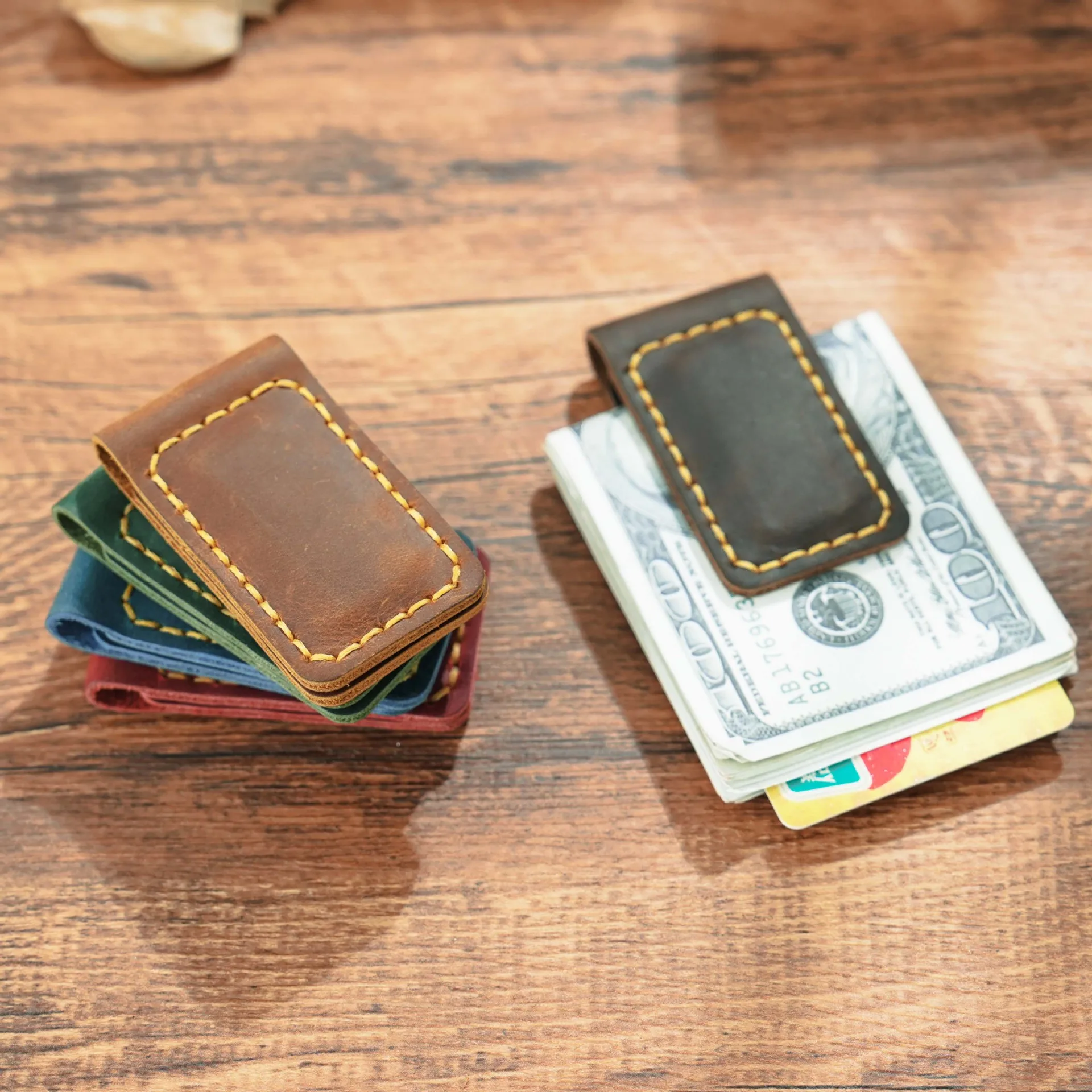 

Men's Genuine Leather Magnetic Money Clip Handmade money clamp Thin Business Card Holder Pocket Cash Wallet Banknote Clips