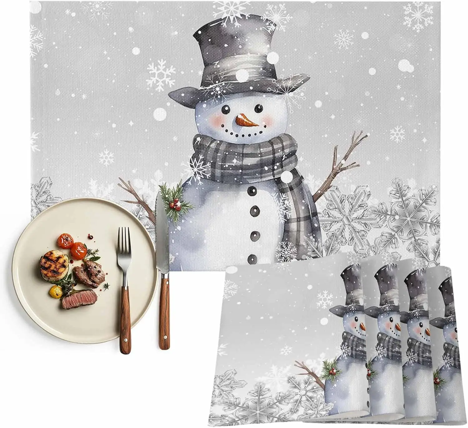 

Christmas Cute Grey Snowman Snowflake Table Mats for Kitchen Dining Decor Washable Winter Holiday Placemats Christmas Decoration
