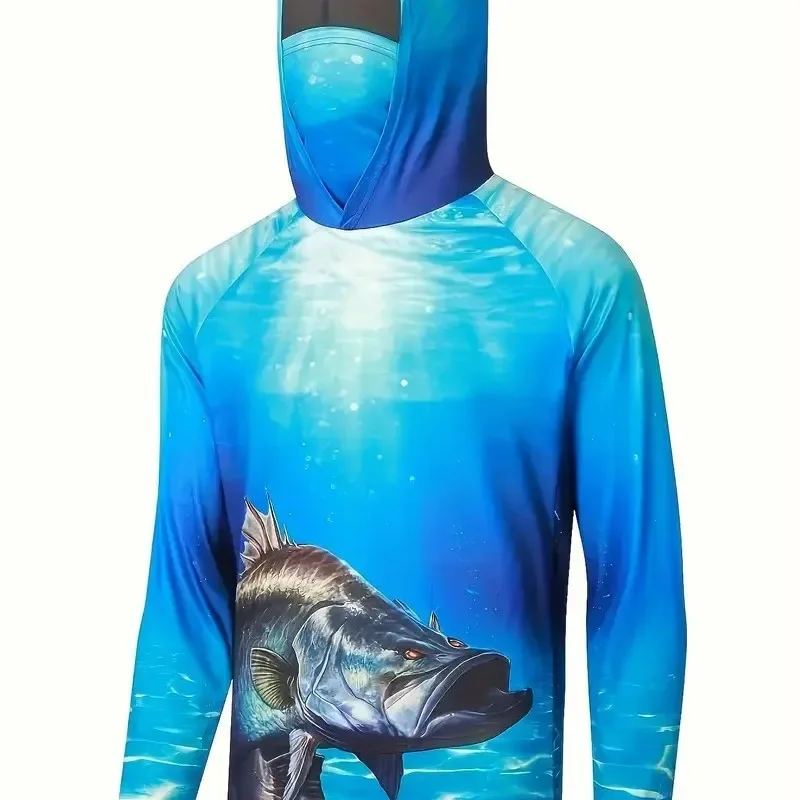 

New Men's Blue Quick-Dry Fishing Shirt Four-Season Outdoor Sports Long-Sleeve Hoodie Casual Breathable Printed Hoodie