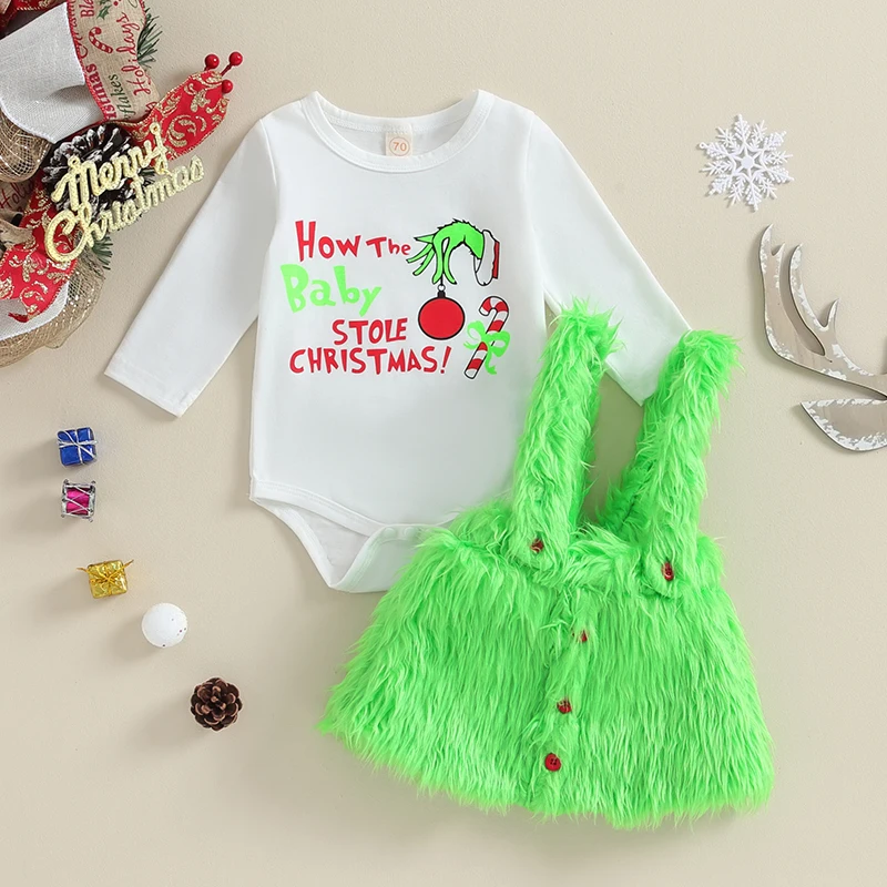 Newborn Baby Christmas Costume Long Sleeve Who Stole Christmas Romper Furry Suspender Skirt Set Green Monster Outfit