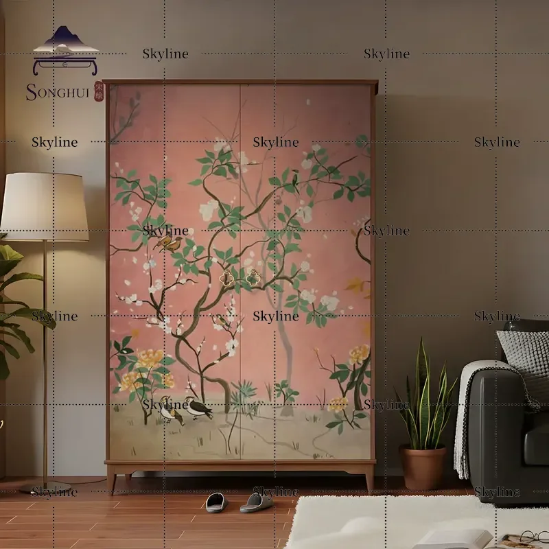Medieval Style Flower and Bird Pattern Solid Wood Wardrobe Decoration Art New Chinese Custom Cabinet Bedroom Locker