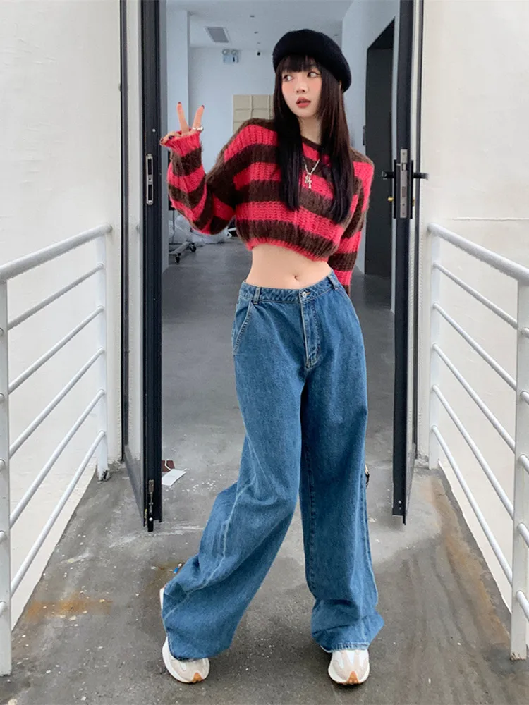 Blue Vintage Cargo Jeans Women's 2022 Spring Y2k Streetwear Loose High Waisted Jeans Straight Wide Leg Cargo Jeans Women's