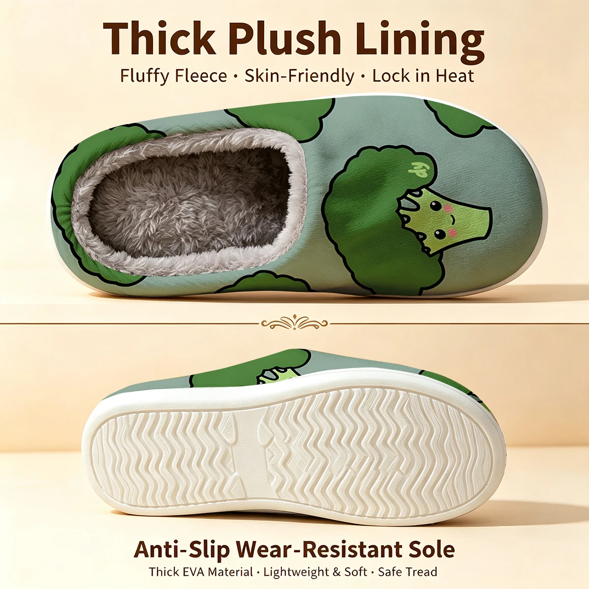 cute broccoli character Christmas White Slippers Warm Plush Indoor Shoes Non-Slip Winter Slippers Family Holiday Gifts Soft view 6