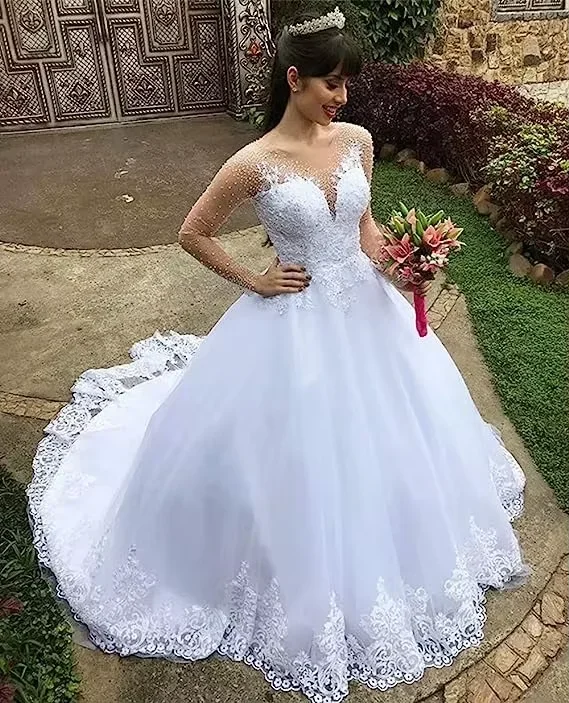 Flavinke 맞춤형 긴 소매 구슬 웨딩 드레스 2025 Sheer V 넥 Appliqued 레이스 스윕 기차 라인 Vestidos De Noiva