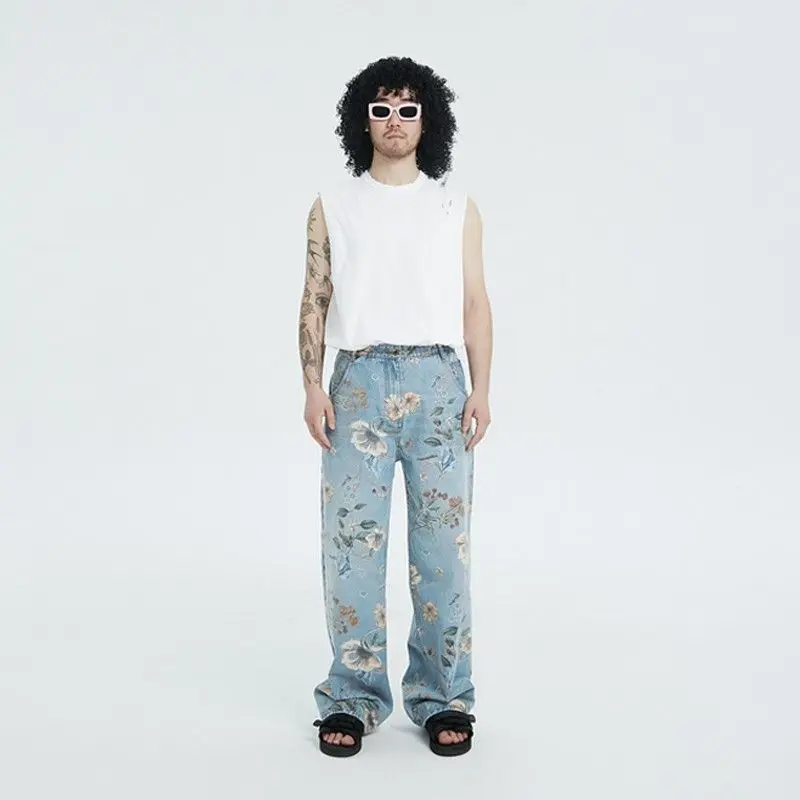 Men's Flower Print Pattern Vibe Blue Jeans Cool Boy Street Bottoms Casual Pants Fashion Wide Leg Trousers Male Sweatpants