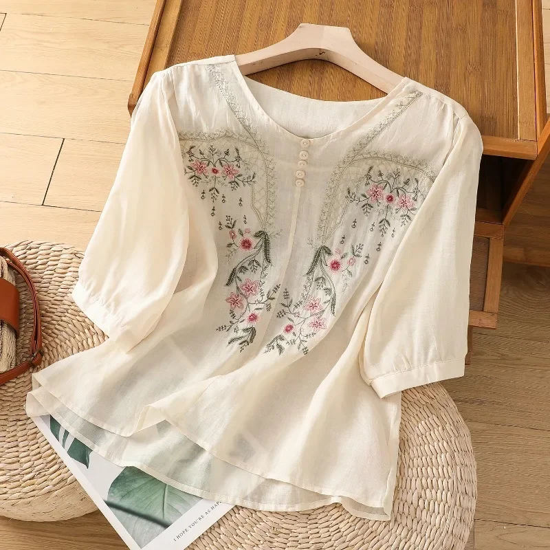 Embroidery Chinese Style Women Blouses Loose Short Sleeves Vintage Top V-neck Clothing Sales Summer Cotton Korean Women\'s Shirts