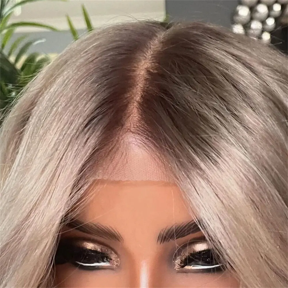 Glueless Wigs Synthetic Hair Ash Platinum Blonde Front Lace Wigs With Dark Roots Soft Shoulder Straight Highlight Costume Woman