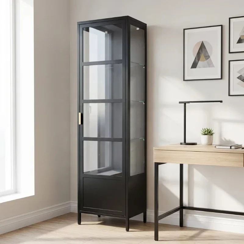 

High steel display case with adjustable shelves, modern black design, space saving, suitable for living room and bedroom