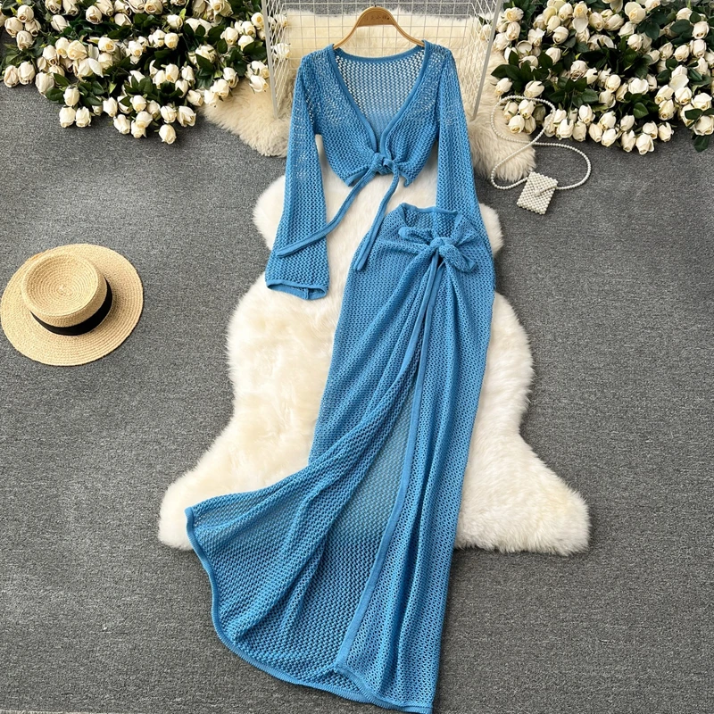 

Vacation Style Women's Set Long Sleeved Deep V-Waist Tied High Waisted Knitted Sweater Hollow out Sexy Long Skirt Two-Piece Set