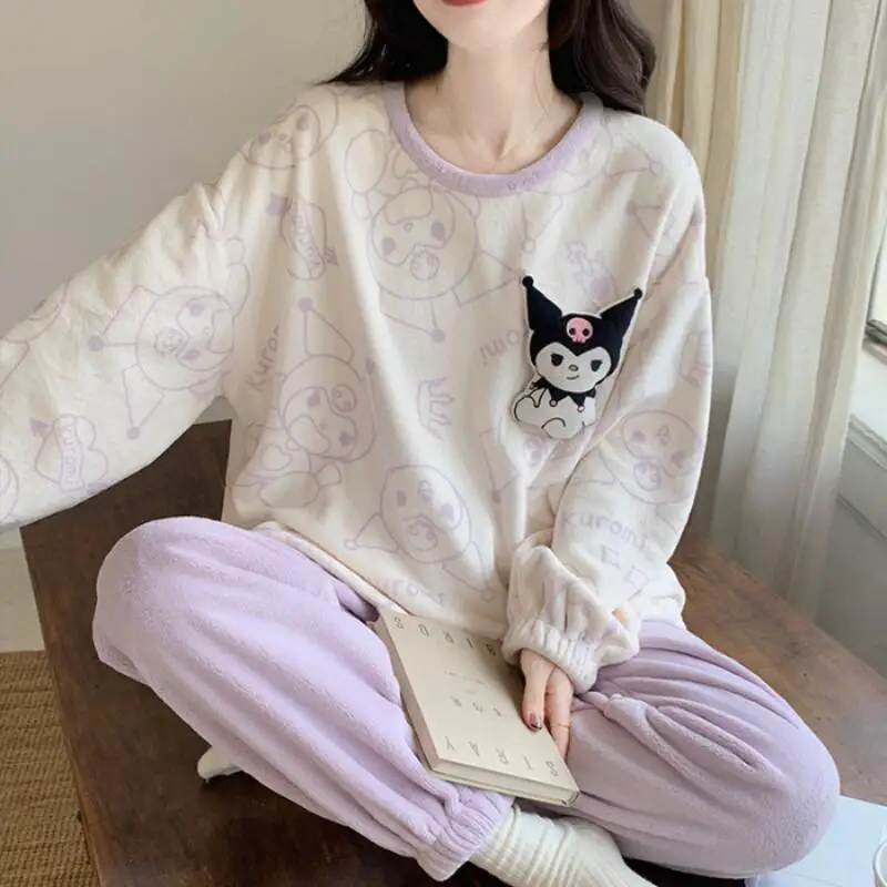 

Anime Kawaii Kuromi Pyjamas Set Women Flannel Sleepwear Cute Cartoon Cinnamoroll Print Long Sleeve Pajama Winter Warm Loungewear