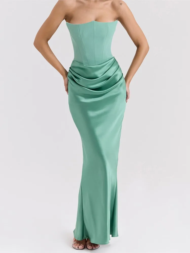 

Tight Waistband One-shoulder Fish Bone Pleated Long Hip-covered Dress Elegant Temperament Off Shoulder Vestidos Satin Simple