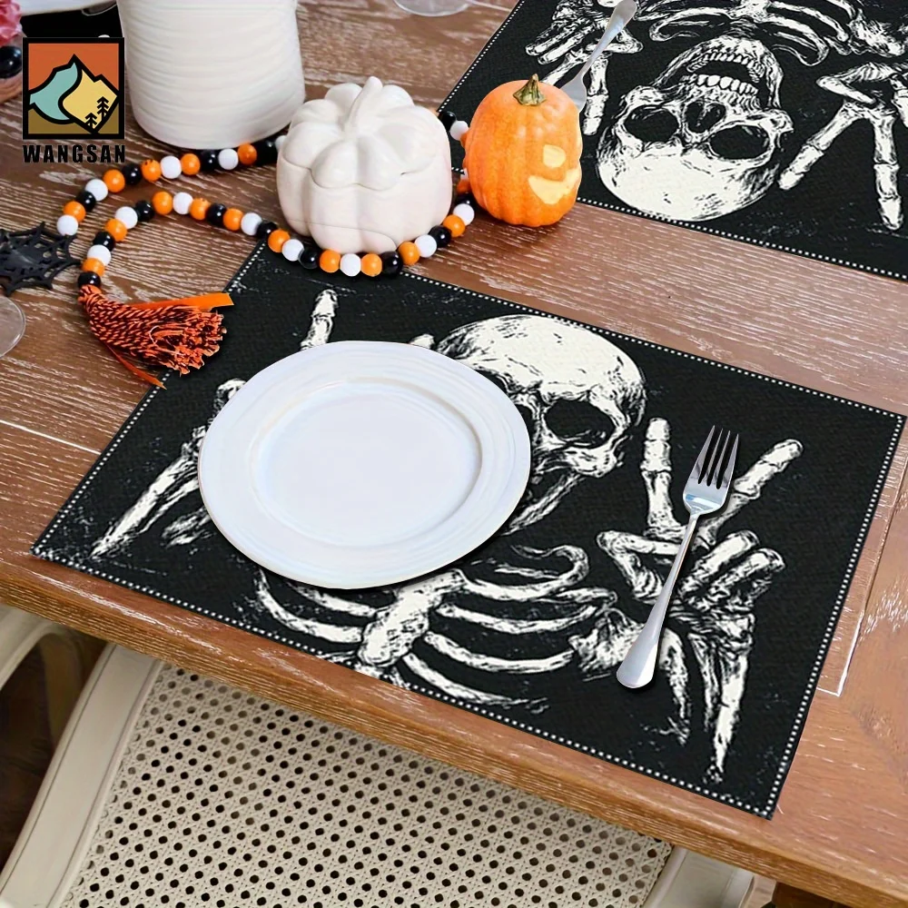 VIKAMA Skeleton Hand Gesture Placemat Halloween Linen Heat Resistant Dining Table Mat for Party Decor