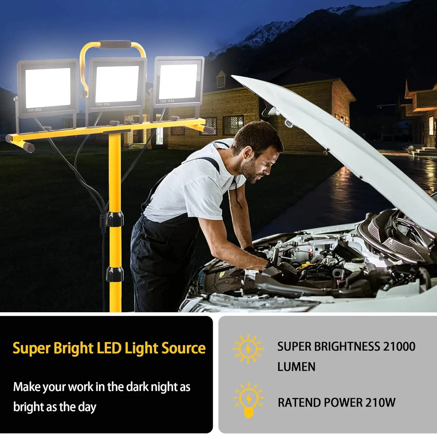 Portable Super Bright three Head 210W flood light with Telescopic Tripod LED Work Lamp for Building Construction