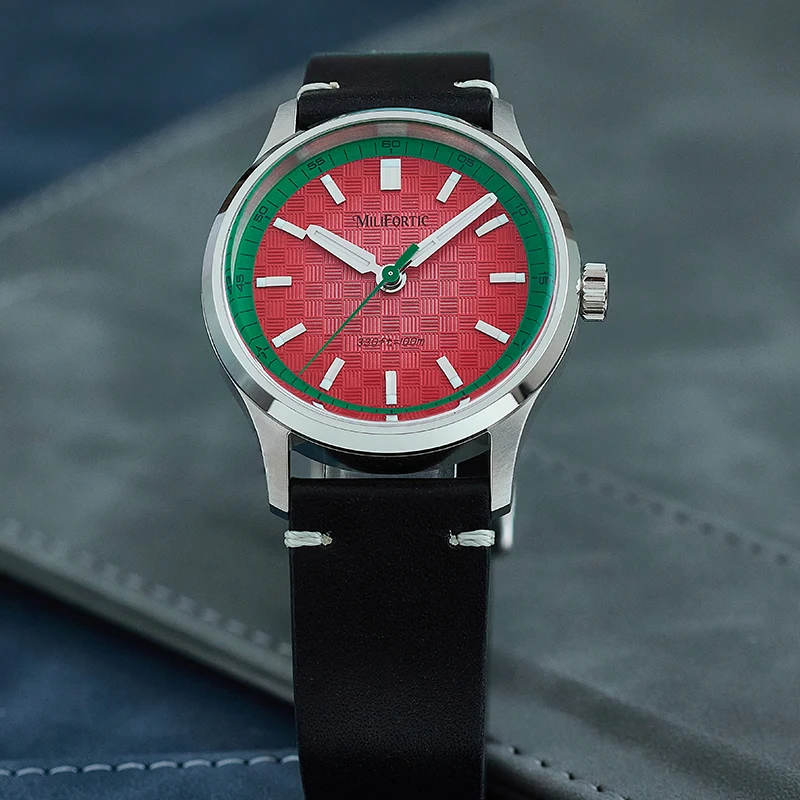Milifortic R087 Sweep Seconds Watches Watermelon Red Dial Sapphire Crystal Glass Men Quartz Wristwatch Unique Color Casual Dress