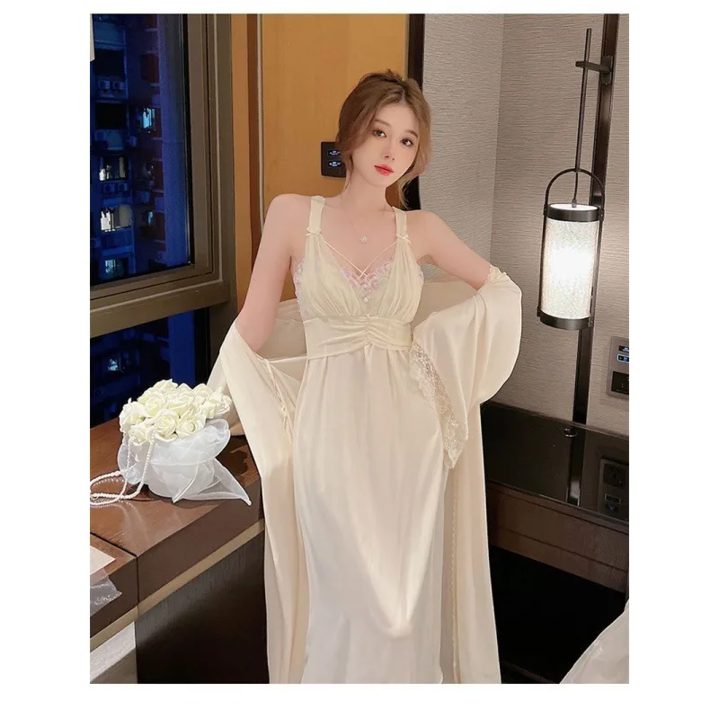 Long Princess Style Home Dress Suit Satin Women Sexy Lace Slip Nightgown Wedding Moring Gown Loungewear Long Kimono Bathrobe