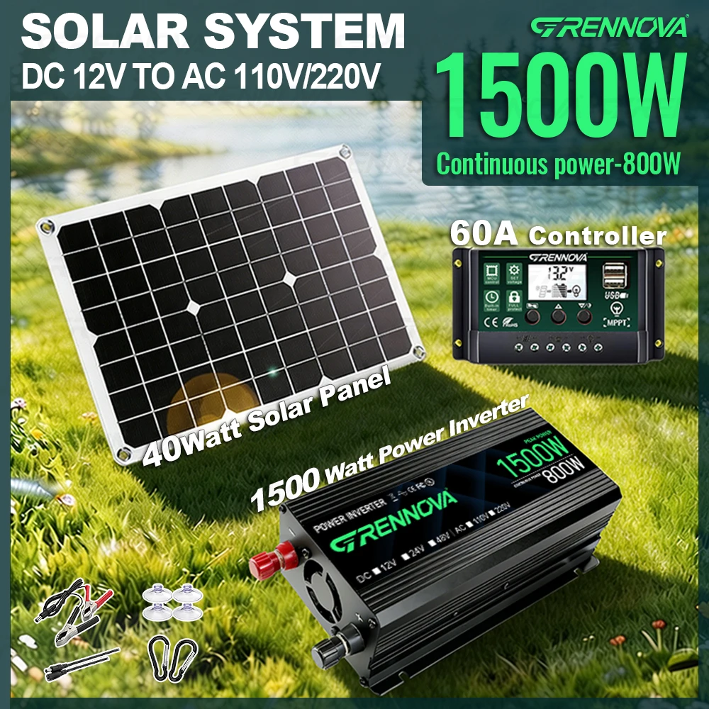 

Grennova True 1500W Solar System 12V To110V/220V Inverter 60A MPPT Controller 40W Panel Complete Kit For RV/Farm Home Backup