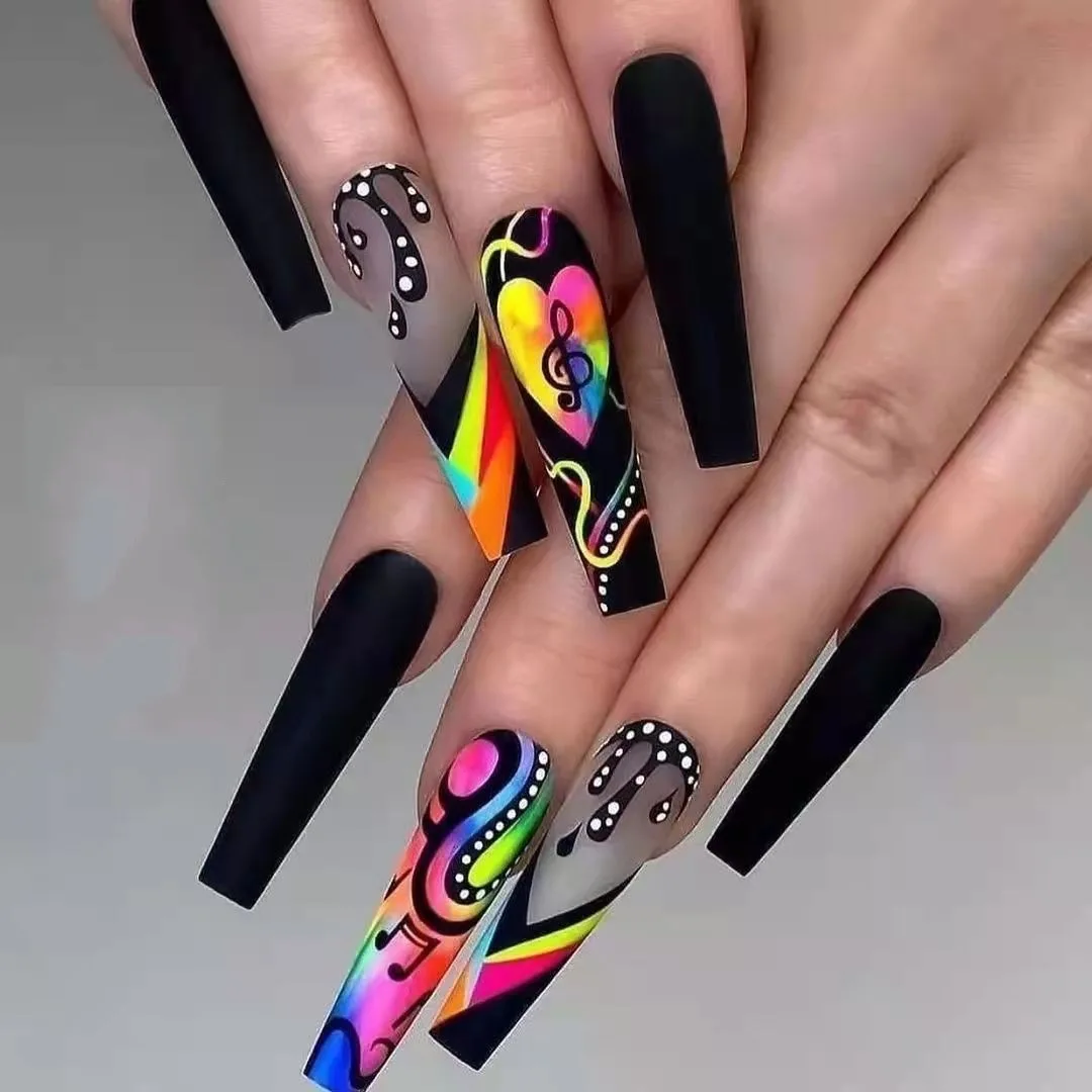 24pcs press on nail Long Coffin Full Cover Acrylic Press On Fake Nails raffiti and Musical Note Rainbow Designs False Nails