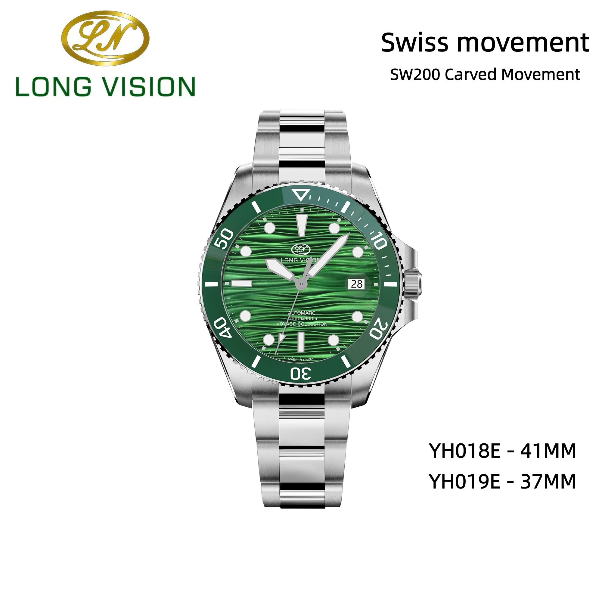 Long Vision Men's Automatic Watch YH018E YH019E Swiss SW200 Movement Wave Dial Luxury Business Diving Mechanical Wristwatch
