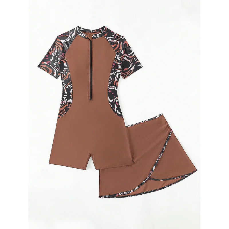 JEWELRY SEN Women Modest Burkini Swimsuit Short‑Sleeve Printed Zip‑Up Skirted Swim Dress Full‑Coverage Muslim Bathing Suit