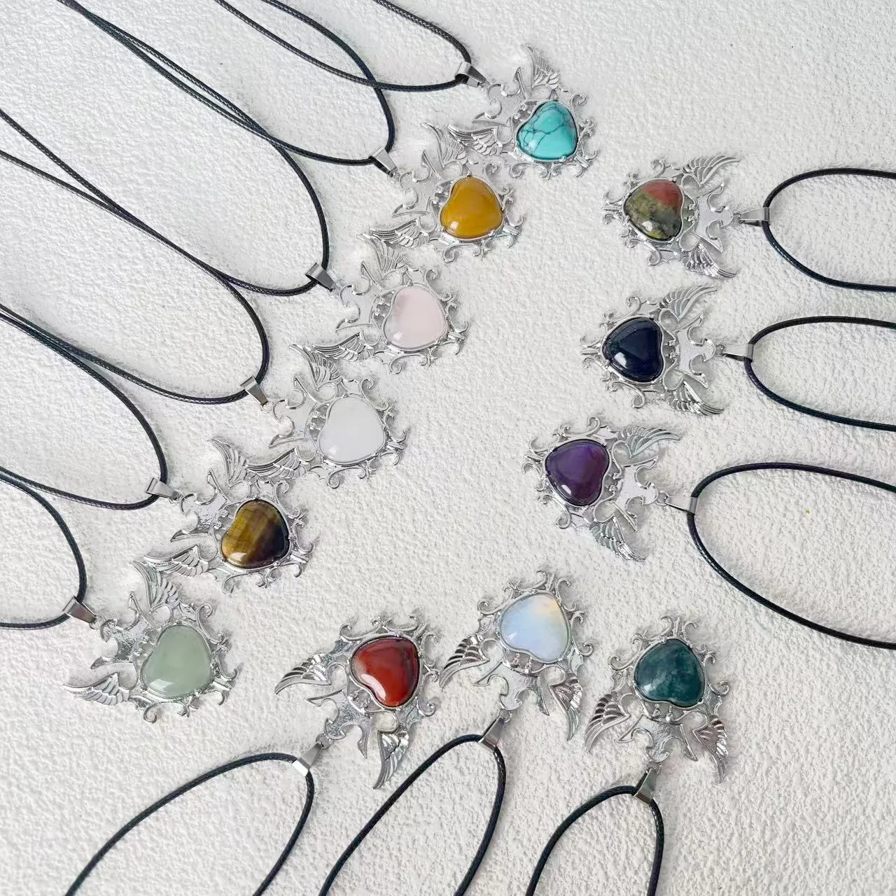 Mixed Winged Heart Natural Stone Pendants, Love Charms for DIY Jewelry Making