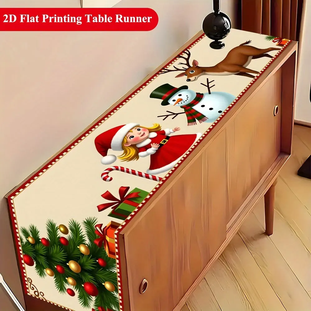 Linen Table Runner with Christmas Gnomes  Gifts on Cream Winter Holiday Table Decor  Family Gatherings