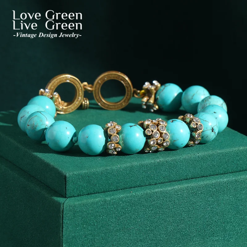 Vintage Turquoise Beaded Bracelets For Women Rhinestone Antique Gold Color Beach Accessories Luxury Branded Jewelry Summer 2025