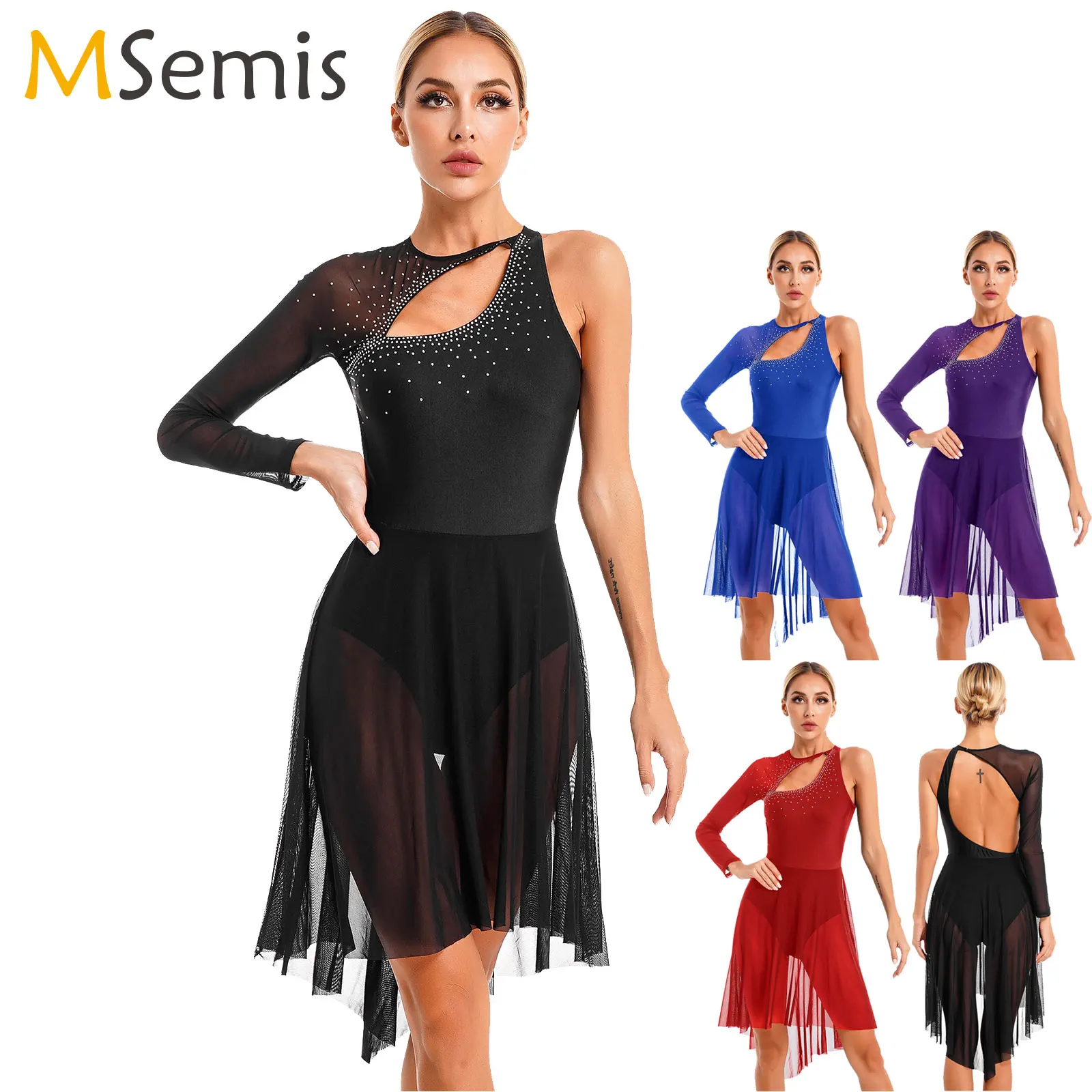 Figure Skating Dress Womens Long Sleeve Lyrical Dance Dress Stage Dancewear Sheer Mesh Gymnastics Leotard Ballroom Costume