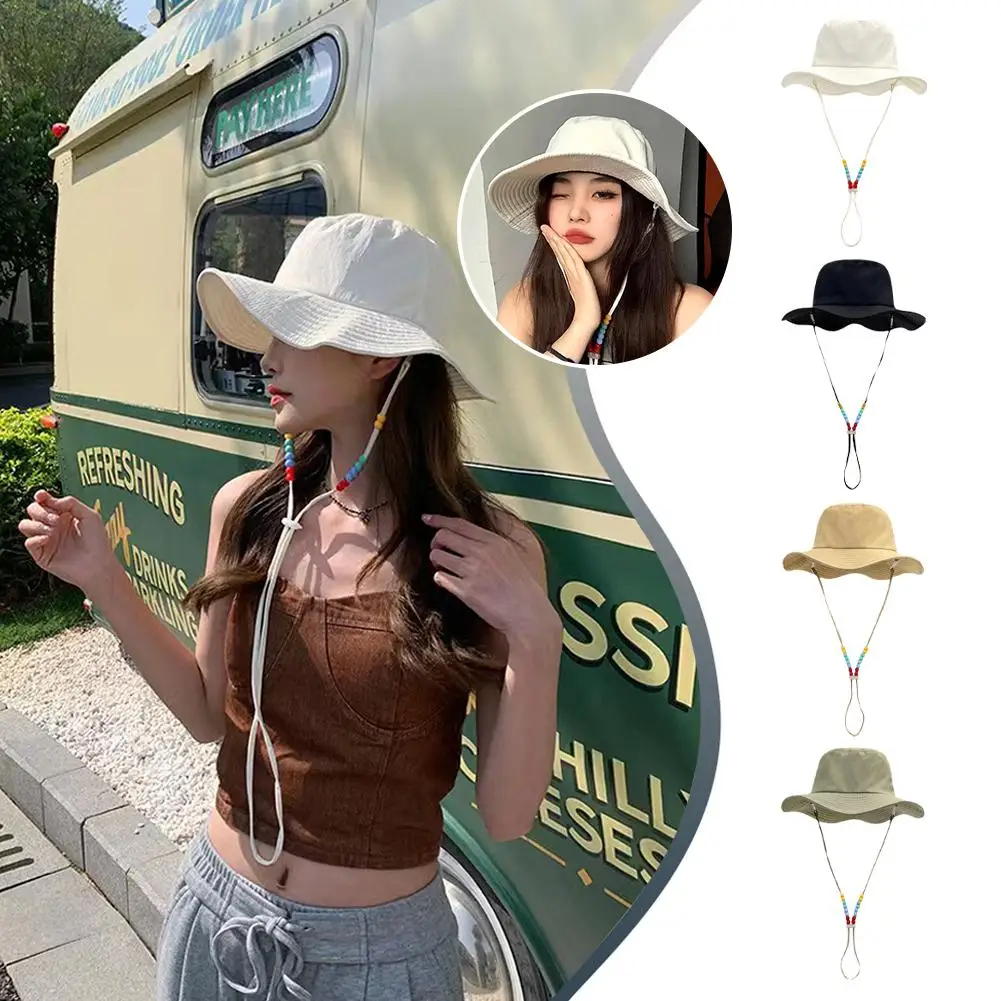 Fisherman Hat Women Summer Anti-uv Camping Hiking Hat Caps Outdoor Fishing Beaded Color Solid Colored B0g6