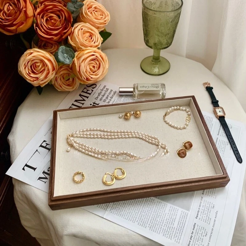 

Walnut Wooden Tray with Linen Lining Jewelry Box Solid Wood Display Organizer for Necklaces Earring Multi-functional Storage Box