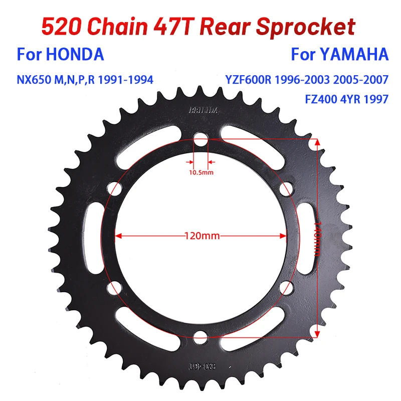 

Задняя звездочка 520 47T для YAMAHA YZF600R YZF600 YZF 600 R 1996-2003 2005-2007, FZ400 FZ 400 1997, HONDA NX650 NX 650 1991-1994