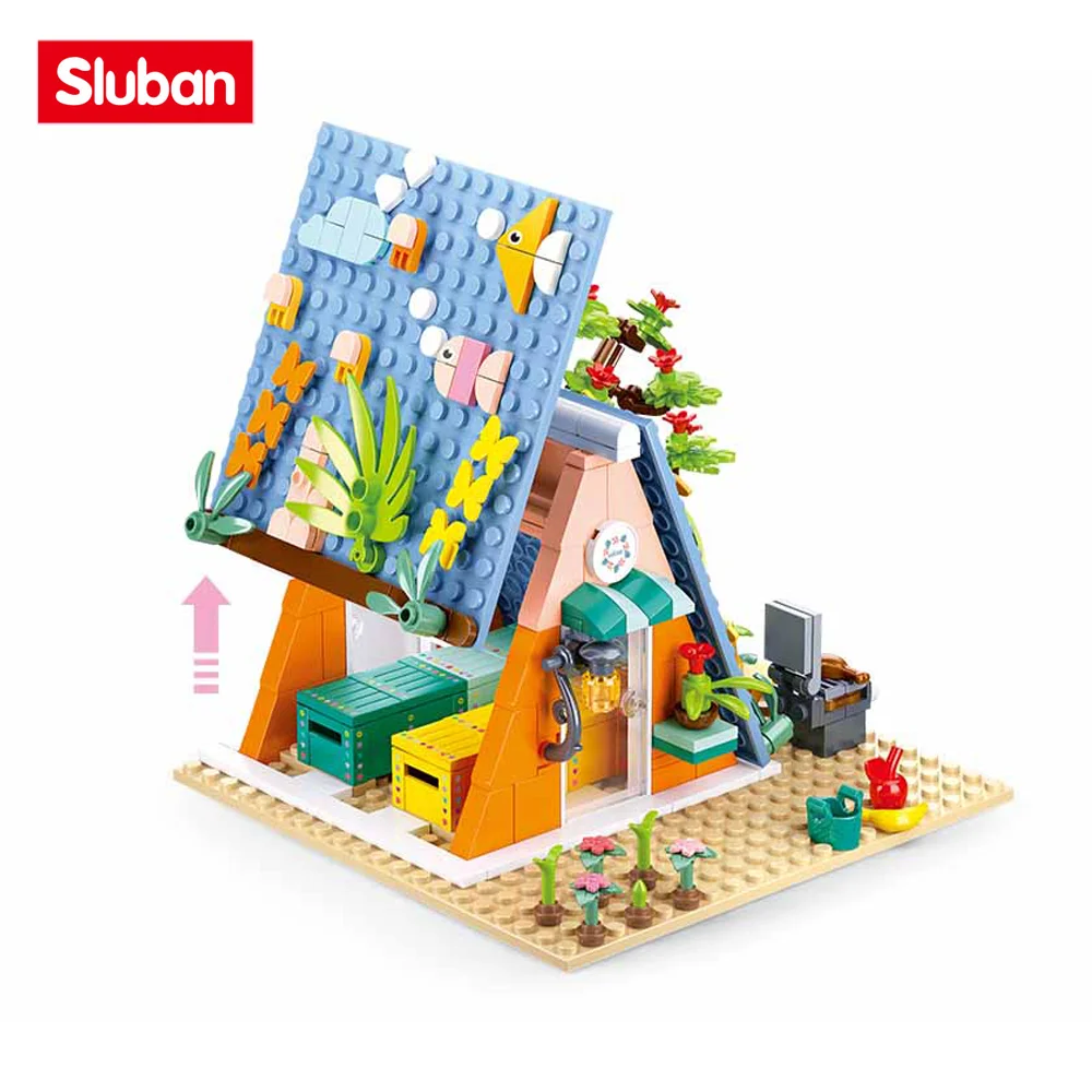 Sluban Bouwsteen Speelgoed Meisjes Droom Roze Serie B1088 Camp Hut Diy Huis 341Pcs Bricks Compatbile Met Toonaangevende Merken