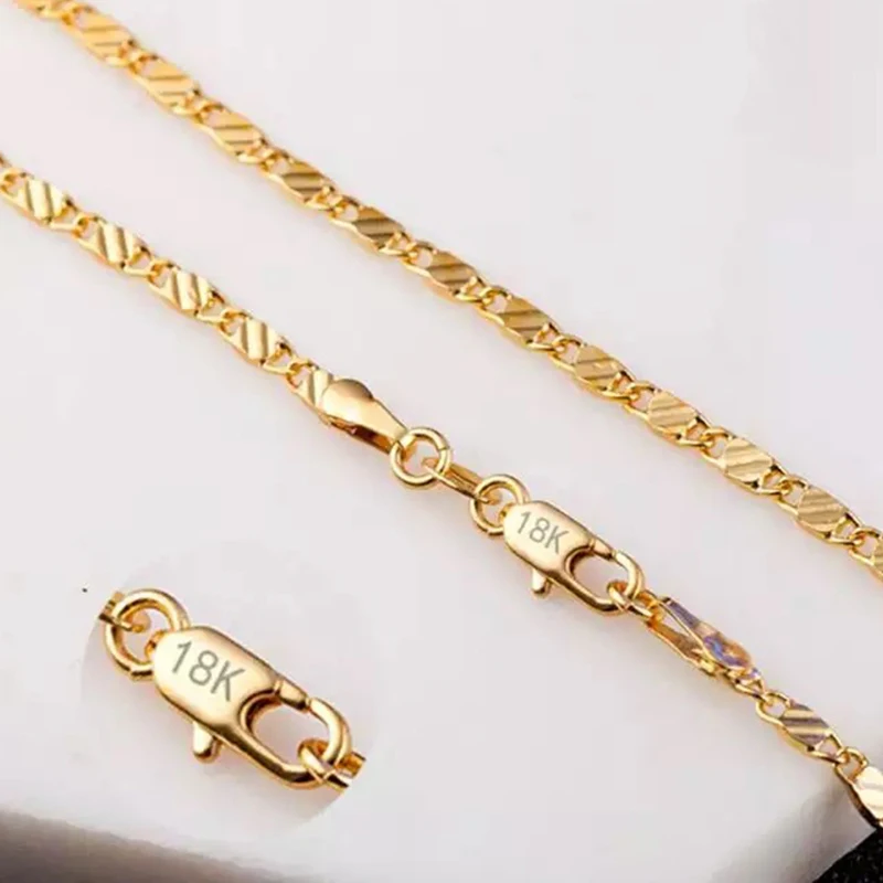 Fashion 18k Gold Necklace 2MM 16/18/20/22/24/26/28/30 Inch Side Chain Necklace For Women Men Jewelry Silver Necklace