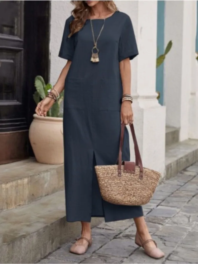 

Summer New Casual Solid Color Long Dresses Women O Neck Pocket Short Sleeves Slit Midi Dress Fashion Commuting Vestidos Female