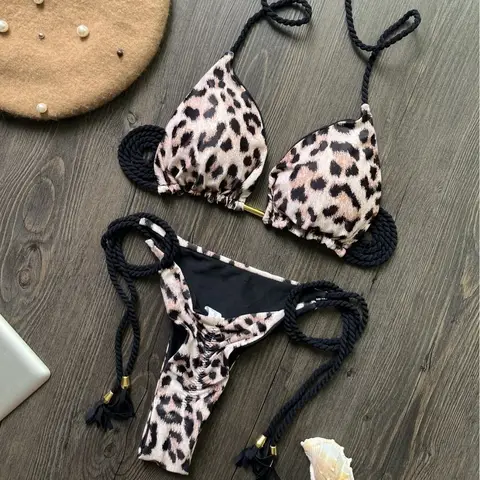 Sexy Leopard Print Women's Split Bikini Set Handmade Woven String Triangle Swimwear Beachwear Bikini Set Women's Swimsuit Beach
