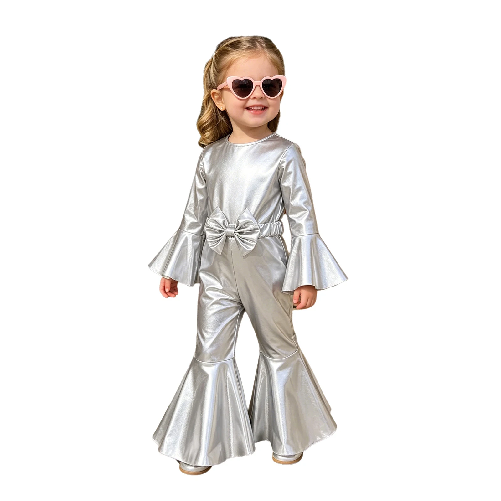 

Infant Girls Metallic Shiny Disco Jumpsuit Fashion Zipper Bell-bottom Romper with Bow Belt for Birthday Theme Party Photography