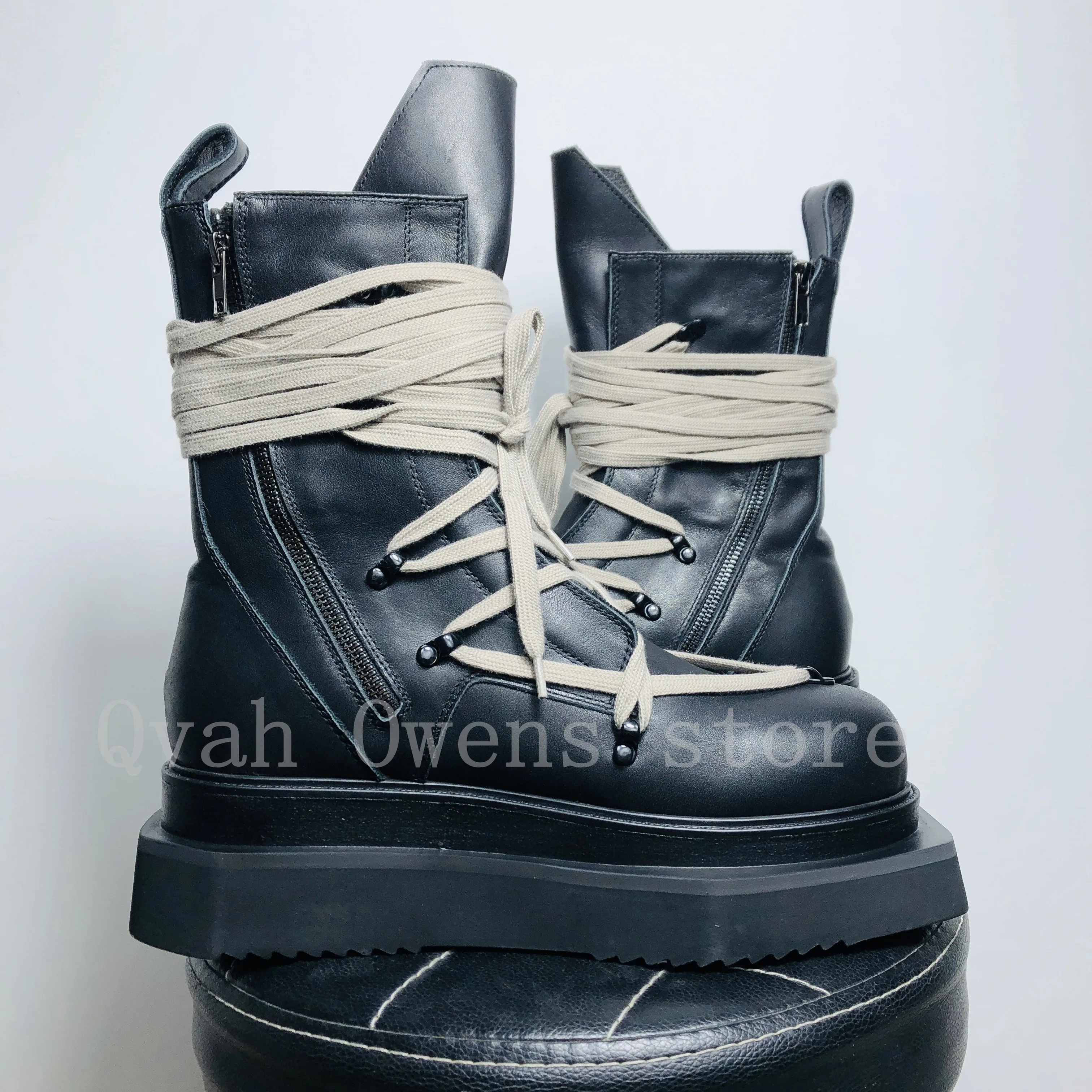 Men High Top Shoes Platform Sneakers Leather Lace Up Zip Heels Luxury Vintage Trendy Designer Male Boots Black