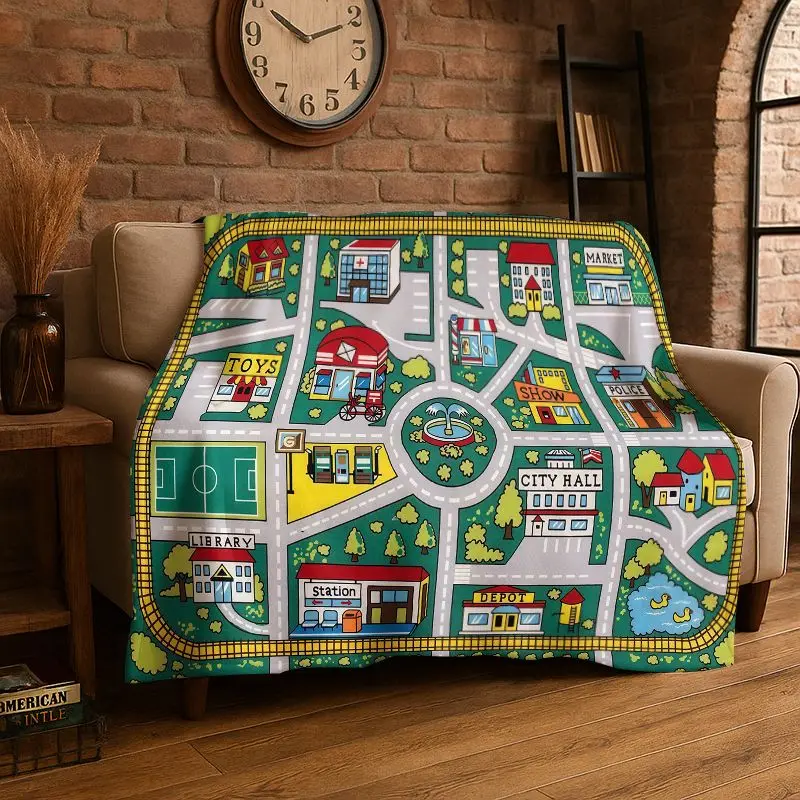 City Traffic Road Highway Runway Map Playmat Playroom Flannel Blanket Soft Throw Blanket for Bedroom Living Room Bed Picnic Nap