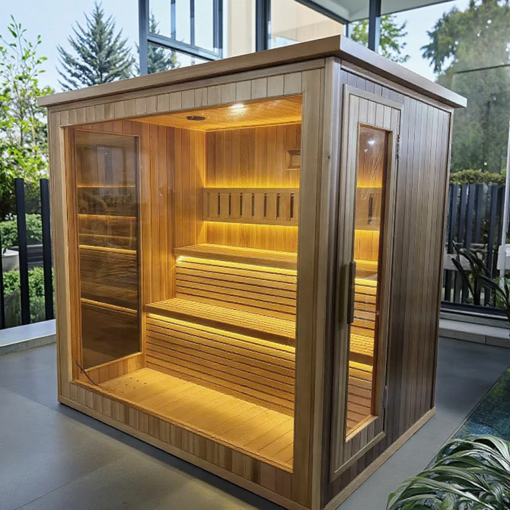 2025 Modern Design Solid Wood Electric Sauna Room Intelligent Control Transom Windows for Outdoor Dry Steam Villa Use for 6
