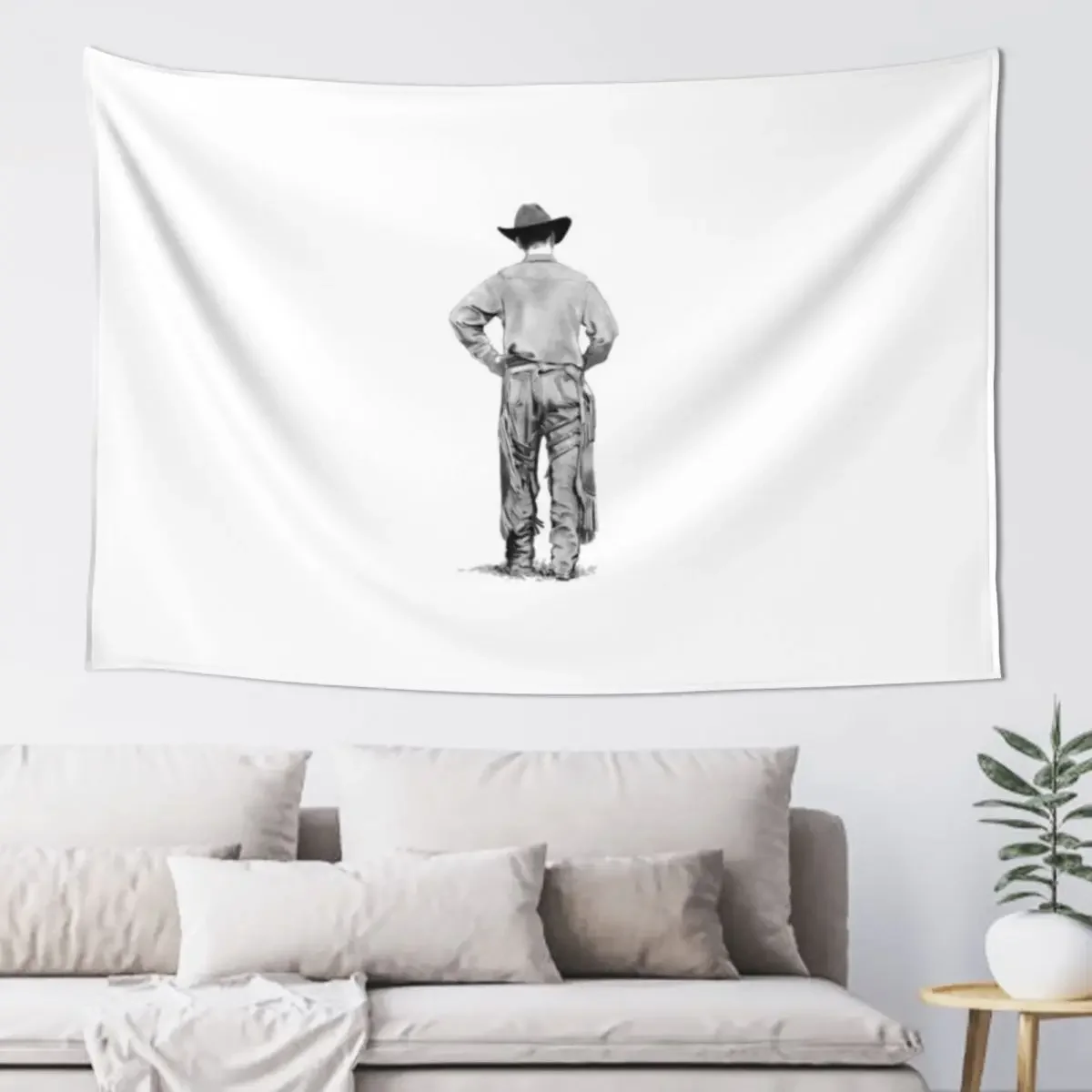 Cowboy Walking, Chaps, Rodeo, Working Cowboy, Pencil Drawing, Realism Art Tapestry Bedroom Decor Aesthetic Tapestry