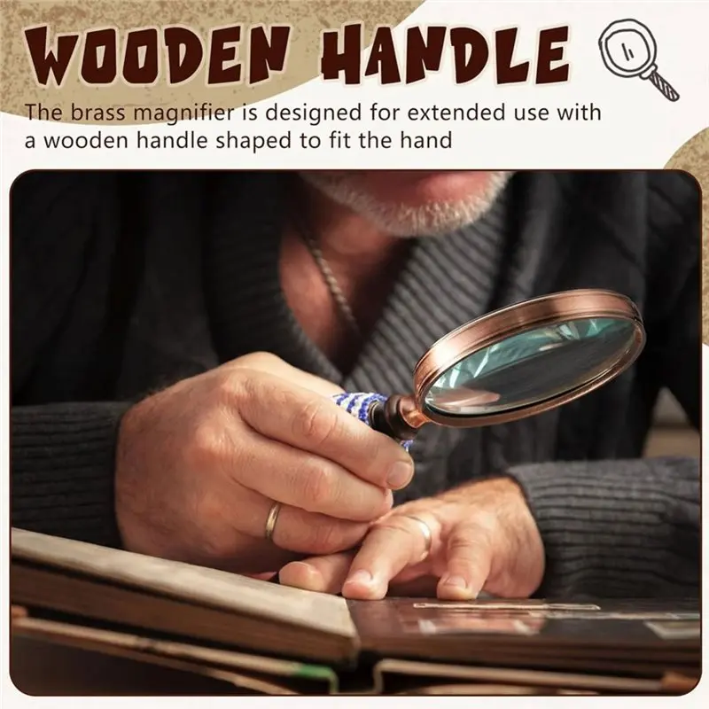 N96R Antique Copper 10X Magnifying Glass Handheld With Wooden Handle And Real Glass, Best Reading Magnifier